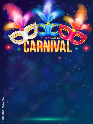 Bright carnival masks on dark blue background vector poster template