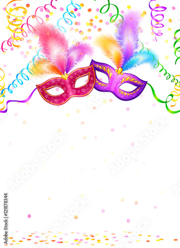 Bright carnival masks with confetti and serpentine on white background, vector party poster template
