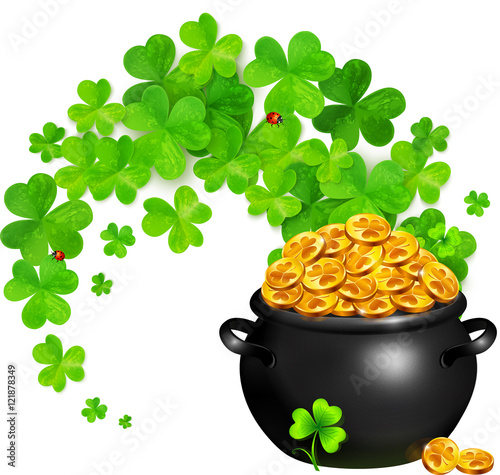 Vector pot of magic gold with clovers swirl isolated on white