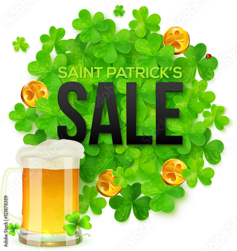 Vector Saint Patricks Day SALE banner with clovers, golden coins and mug of beer