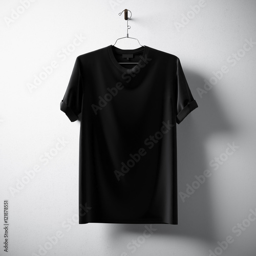 Black Blank Cotton Tshirt Hanging Center Concrete White Empty Background.Mockup Highly Detailed Texture Materials.Clear Label Space for Business Message. Square. 3D rendering.