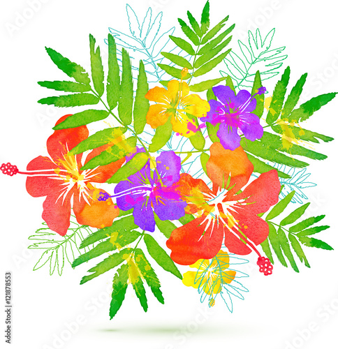 Bright tropical flowers vector summer watercolor bouquet