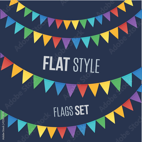 Rainbow colors flat style vector holiday flags garlands set on dark background