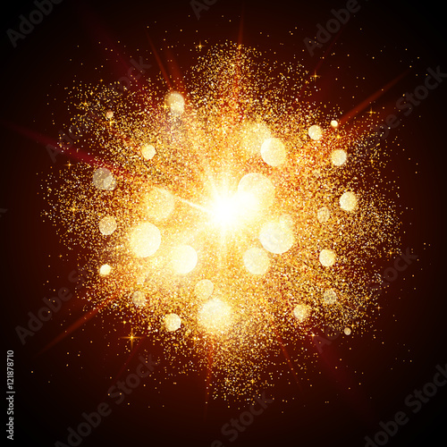 Golden dust vector firework explosion on dark red background