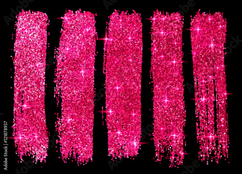 Pink glitter vector brush strokes set isolated at black background