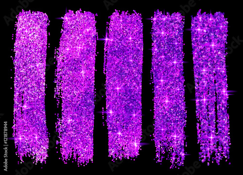 Violet glitter vector brush strokes set isolated at black background