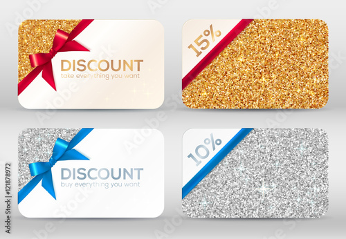 Set of golden and silver glitter vector discount cards templates with red and blue ribbons