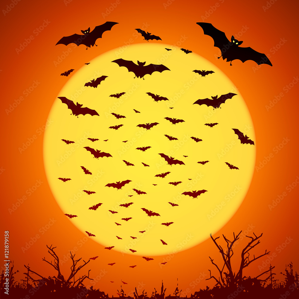 Black vector bats silhouettes on big yellow moon at orange background