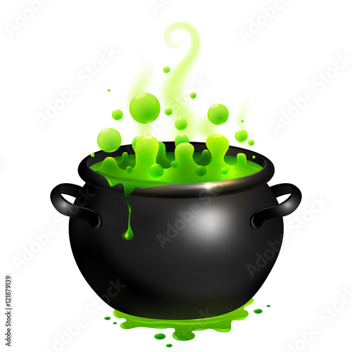 Black vector cauldron with green witches magic broth photo