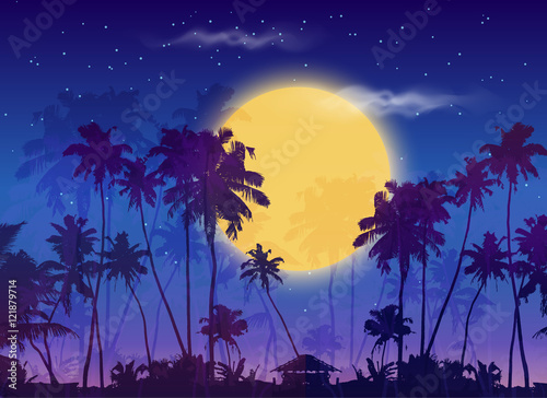 Big yellow moon with dark palms silhouettes on purple sky, vector night landscape background