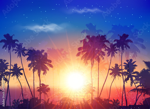Vector ocean sunset sky with dark palm silhouettes and shining sun
