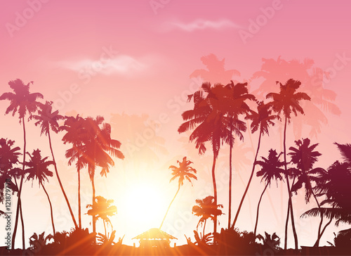 Palms silhouettes at pink sunset sky, vector background