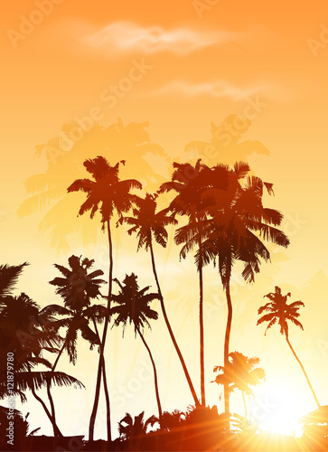 Fototapeta Naklejka Na Ścianę i Meble -  Orange sunset palms silhouettes vector poster background
