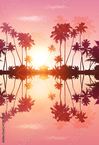 Pink sky romantic vector palms silhouettes with reflection
