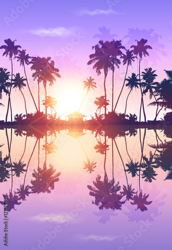 Violet sky romantic vector palms silhouettes with reflection