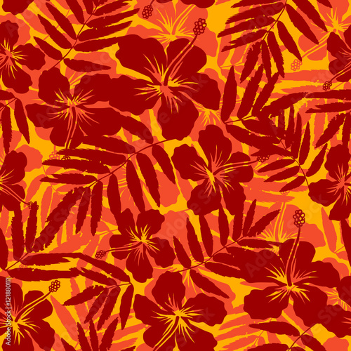 Red and orange tropical flowers silhouettes vector seamless pattern