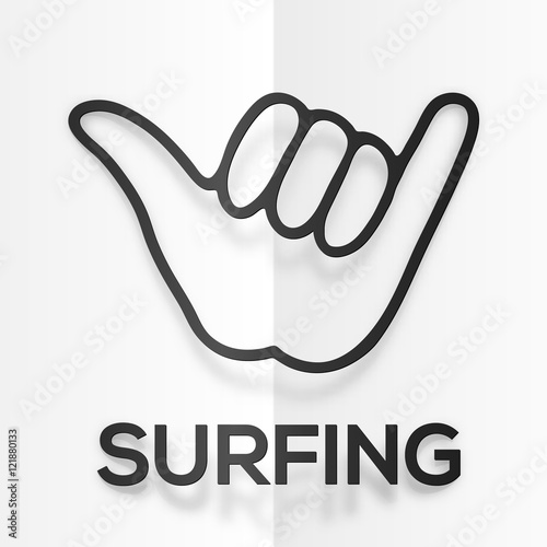 Vector paper silhouette black surfers shaka symbol with realistic shadow