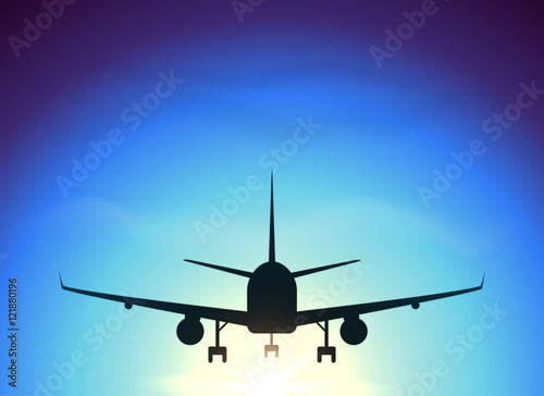 Fly away plane on blue sky background, vector silhouette