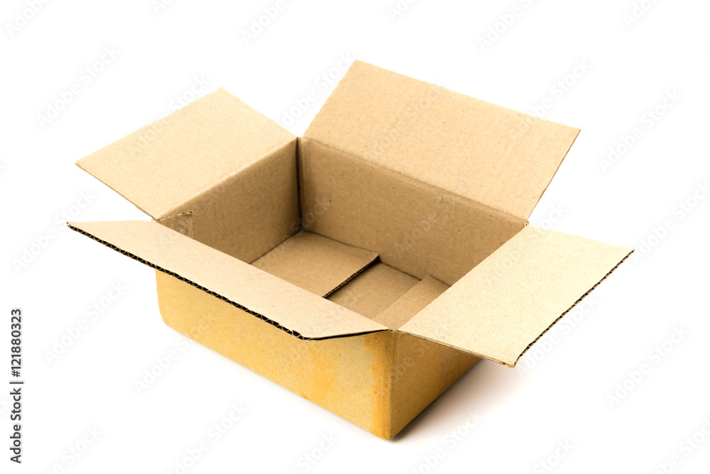 An open cardboard box on white background An open cardboard box on white background