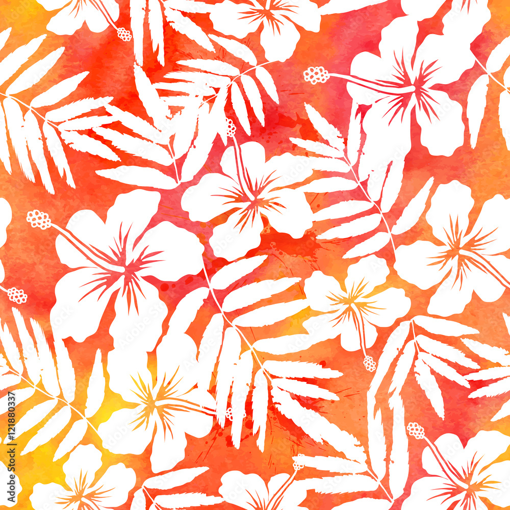 Obraz premium Red watercolor vector hibiscus summer seamless pattern