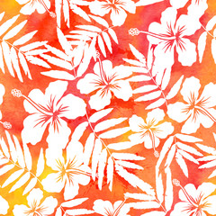Fotobehang Hibiscus patronen Rode aquarel hibiscus zomers patroon  © art_of_sun