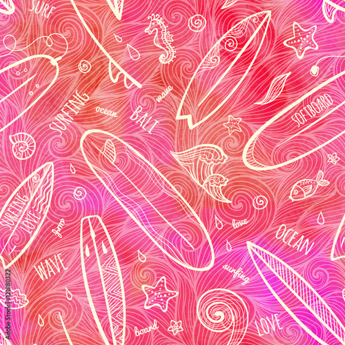 Red watercolor doodle surfing boards vector seamless pattern