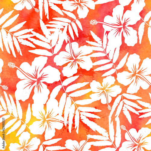 Red watercolor vector hibiscus summer seamless pattern photo