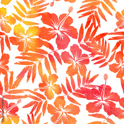 Red watercolor hibiscus silhouettes vector seamless pattern
