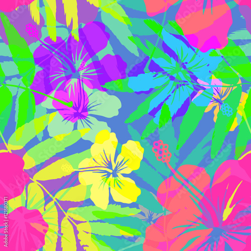 Fototapeta Naklejka Na Ścianę i Meble -  Vivid colors bright tropical flowers vector seamless pattern tile