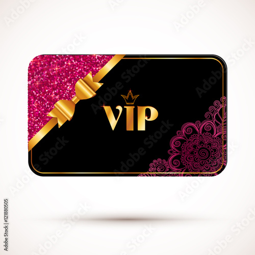 Black vip card vector template with pink glitter effect and golden bow