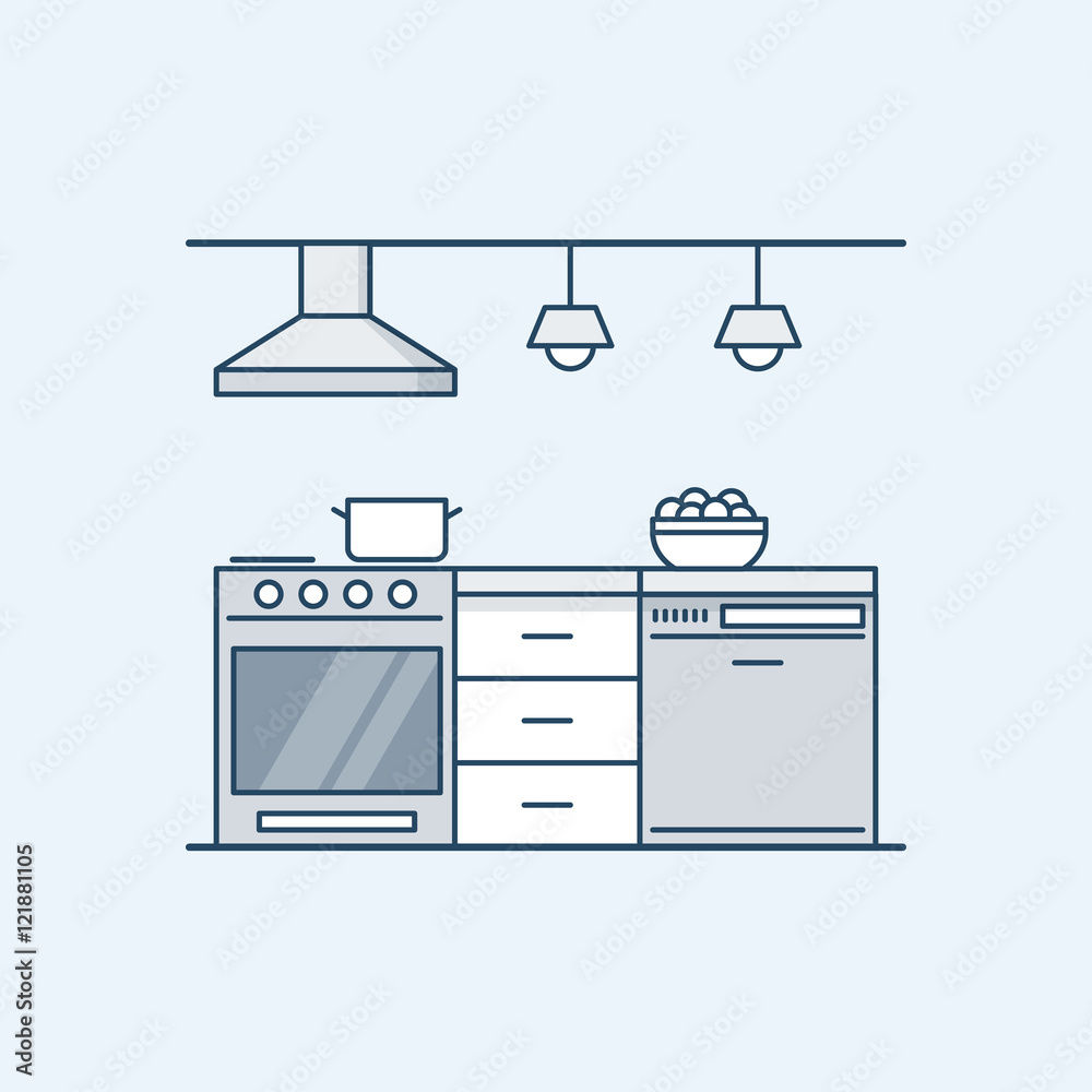 Modern kitchen interior with gas stove and dishwasher. Built-in appliances. Vector illustration in a linear style, isolated on a gray background. Modern kitchen interior with gas stove and dishwasher. Built-in appliances. Vector illustration in a linear style, isolated on a gray background.