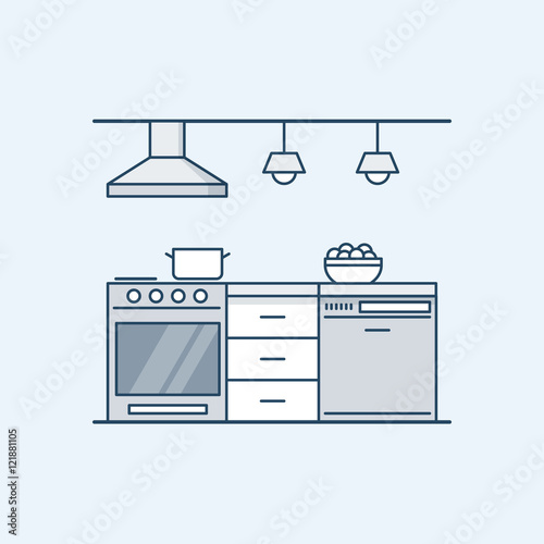 Modern kitchen interior with gas stove and dishwasher. Built-in appliances. Vector illustration in a linear style, isolated on a gray background.