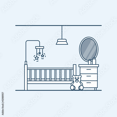 Modern interior design of a child's room. Children's bed with toys and teddy bear. Bedside table and mirror. Vector illustration in a linear style, isolated on a gray background.