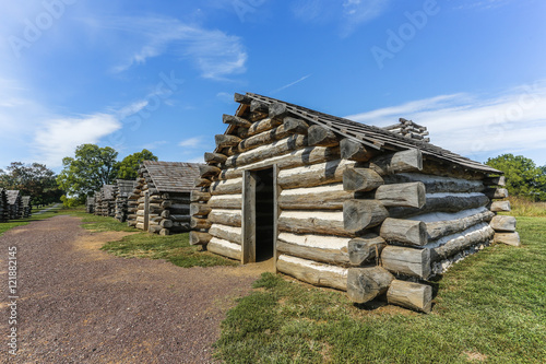 Soldiers huts in line with sky, Valley Forge