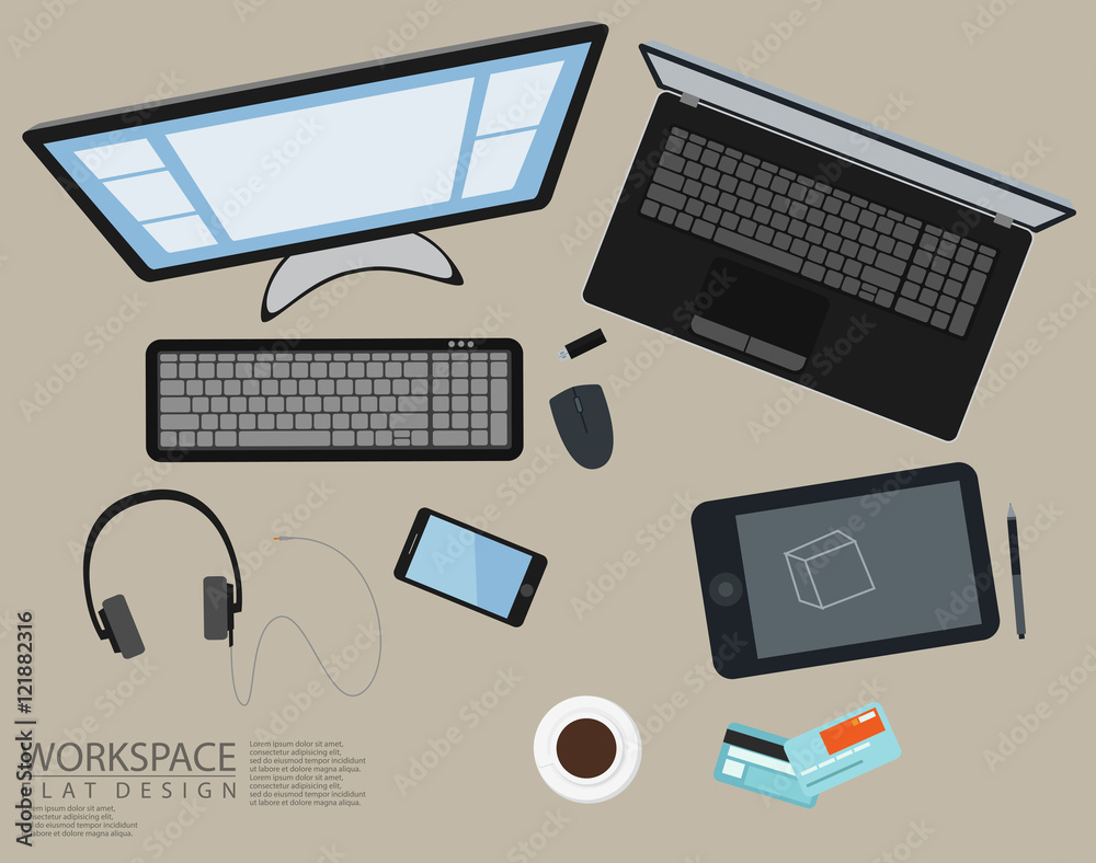 Office Workspace Computer Top View Flat Design Office Workspace Computer Top View Flat Design