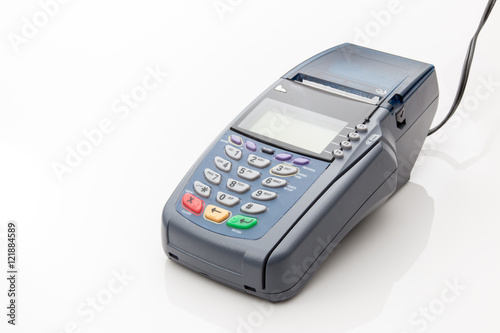Credit card machine on a white background.