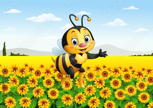 Cartoon bee in the sunflower field

