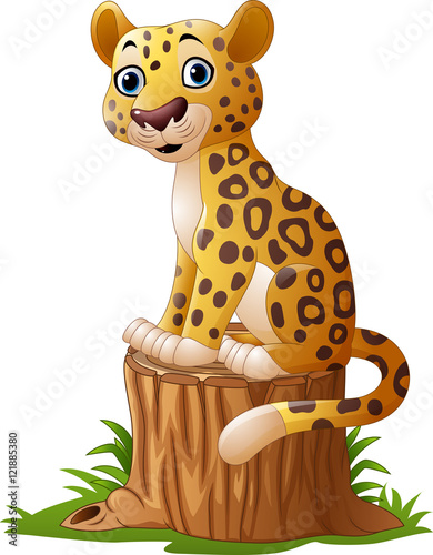 Cartoon leopard sitting on tree stump

