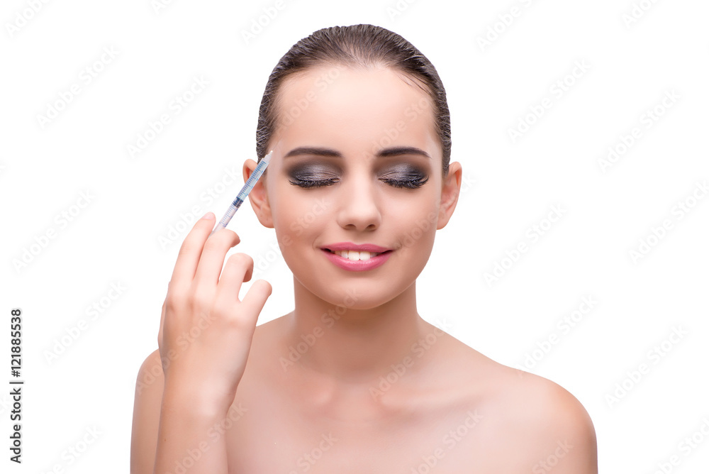 Young woman preparing for plastic surgery isolated on white