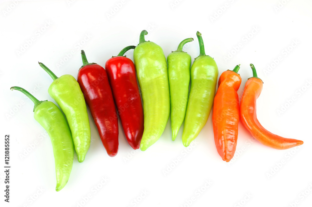 colorful farm picked fresh peppers isolated on white background