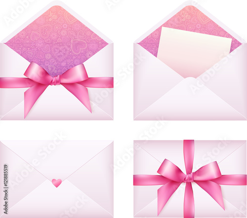 Pink envelope with silky ribbon, vector set