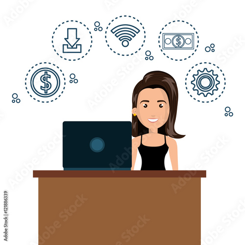 cartoon woman on desk and laptop media graphic vector illustration eps 10
