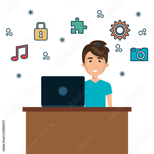 character man on desk and laptop with icon media graphic vector illustration eps 10
