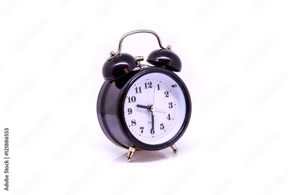 Black alarm clock isolated on white background.