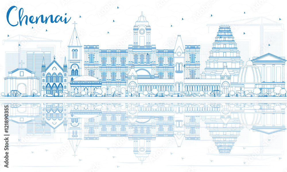 Outline Chennai Skyline with Blue Landmarks and Reflections.