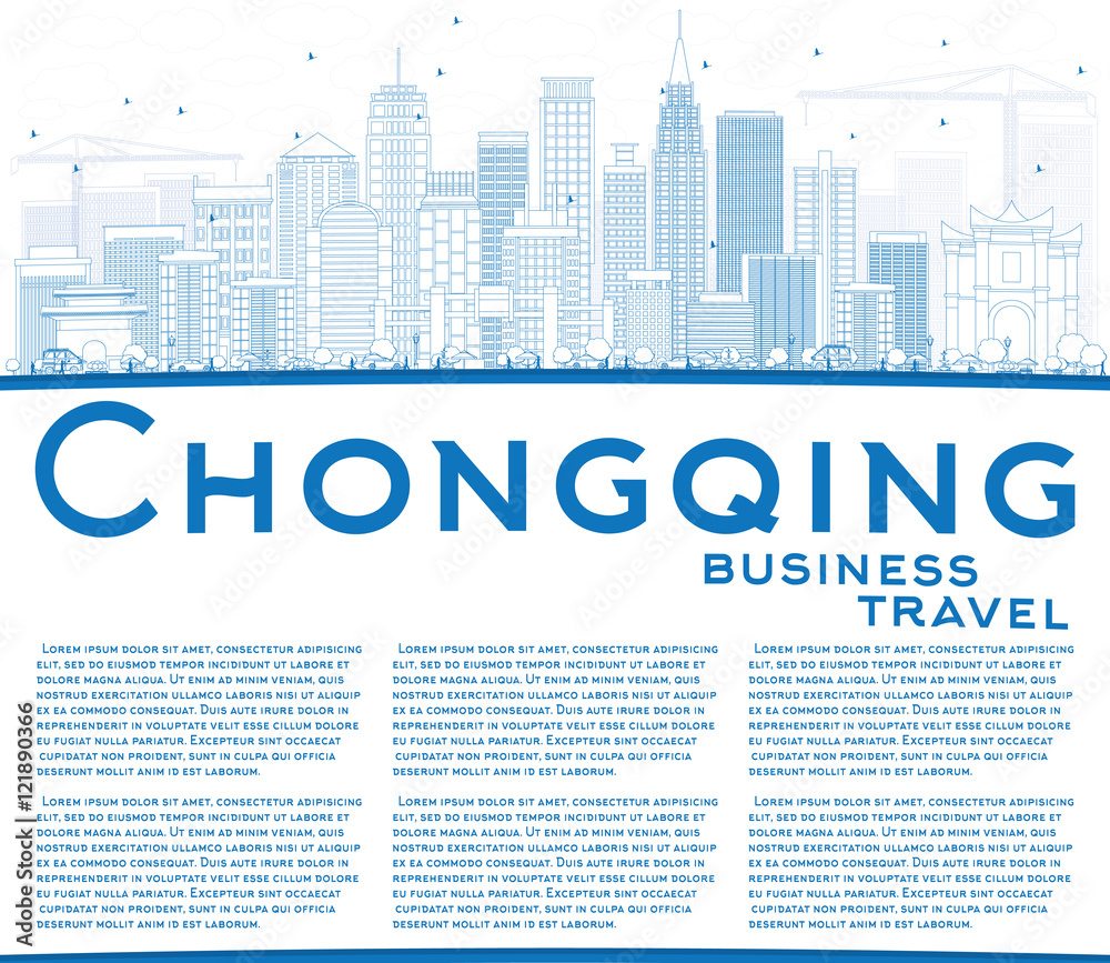 Outline Chongqing Skyline with Blue Buildings and Copy Space.