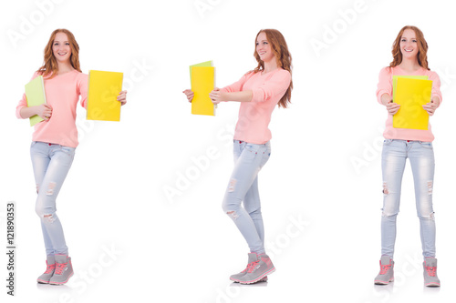 Young student with notebooks isolated on white