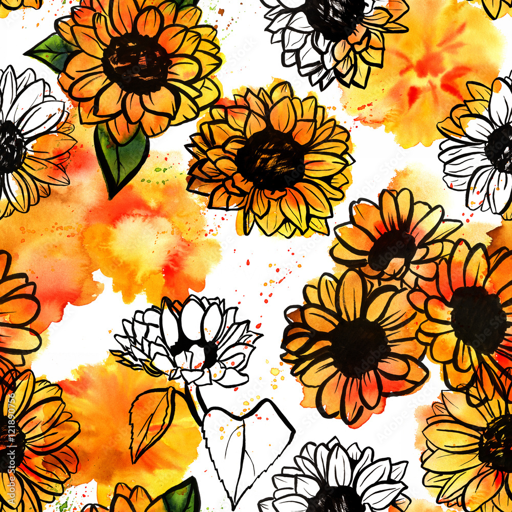 Fototapeta premium Seamless pattern with freehand yellow watercolor sunflowers