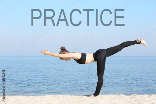 Word PRACTICE on background. Business trainer concept. Young woman in yoga pose on mat.