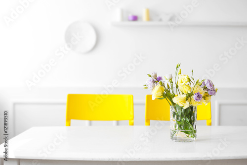 Bouquet of fresh eustoma flowers on table